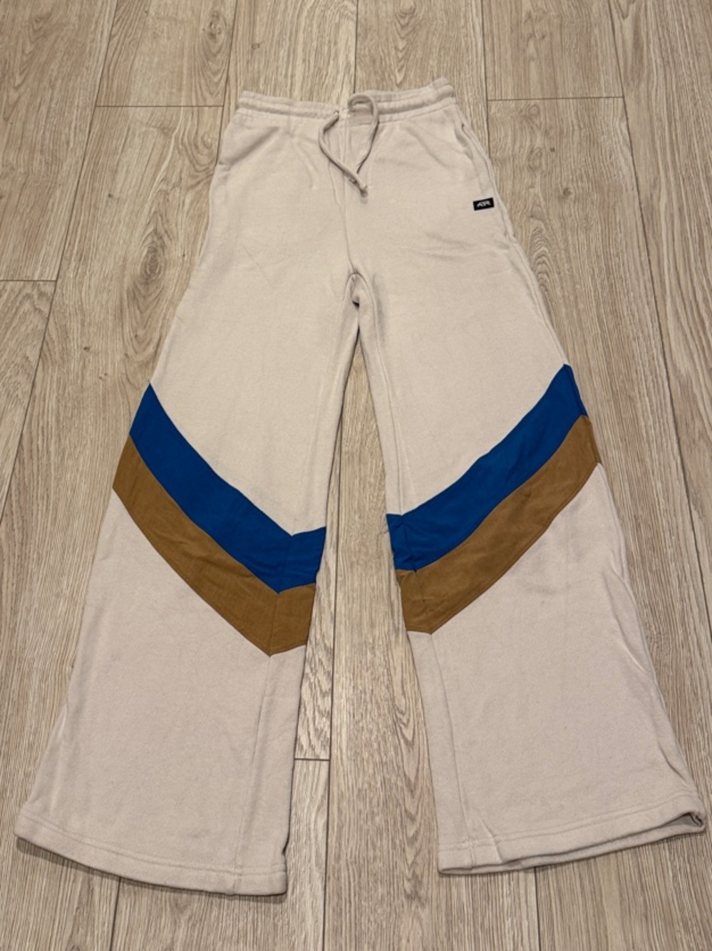 Kids Cream Wide-Leg Sweatpants with Blue & Brown Chevron Panels